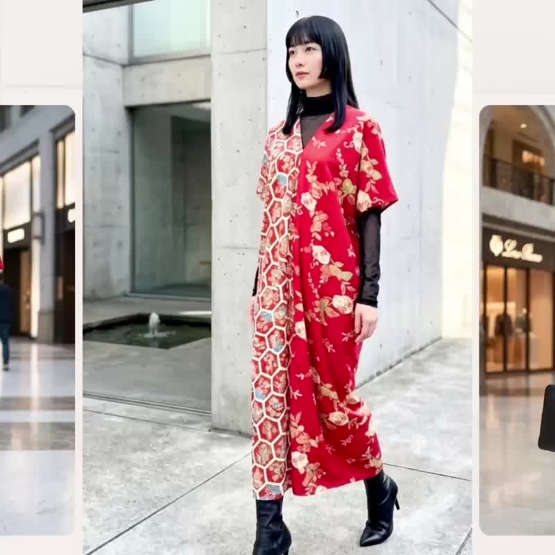 纯手工橘红和风羊毛印花六角龟甲四季花草长版四角衣罩衫连身裙 - 洋装/连衣裙 - 羊毛 红色