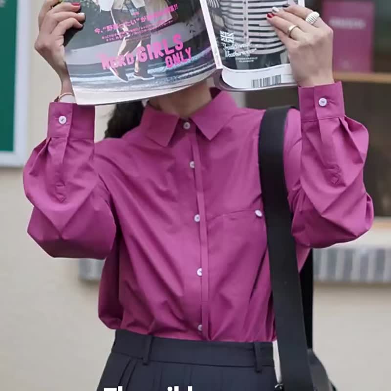 氣質洋紅色 抗皺纖維通勤好打理翻領長袖襯衫 氛圍感半藏扣式設計 - 女装衬衫 - 其他人造纤维 红色