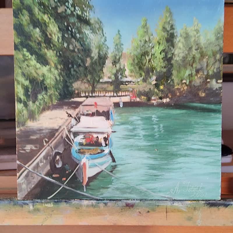 普莱西德湖宁静的海岸线与船只原创油画宁静的湖面 - 插画/绘画/写字 - 其他材质 