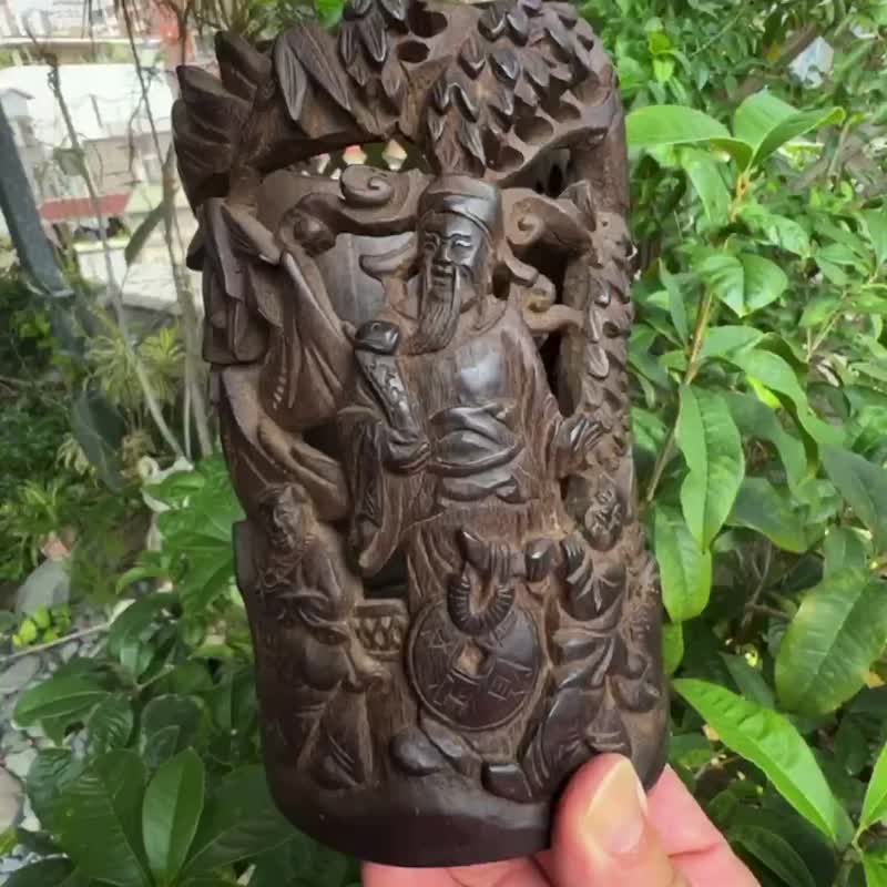 竹雕笔筒 财神爷 浮雕透雕 老竹笔筒 竹根雕 文房四宝 摆件 老物 - 笔筒/笔座 - 竹 咖啡色