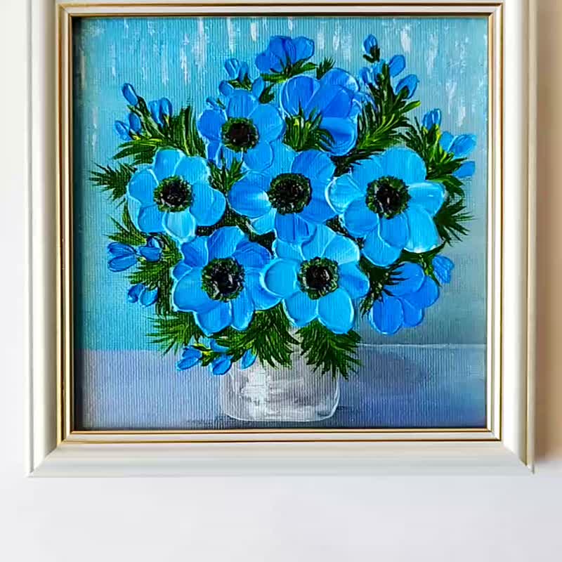 花束蓝色海葵绘画。蓝染墙面装饰画艺术品。质感小画 - 墙贴/壁贴 - 压克力 蓝色