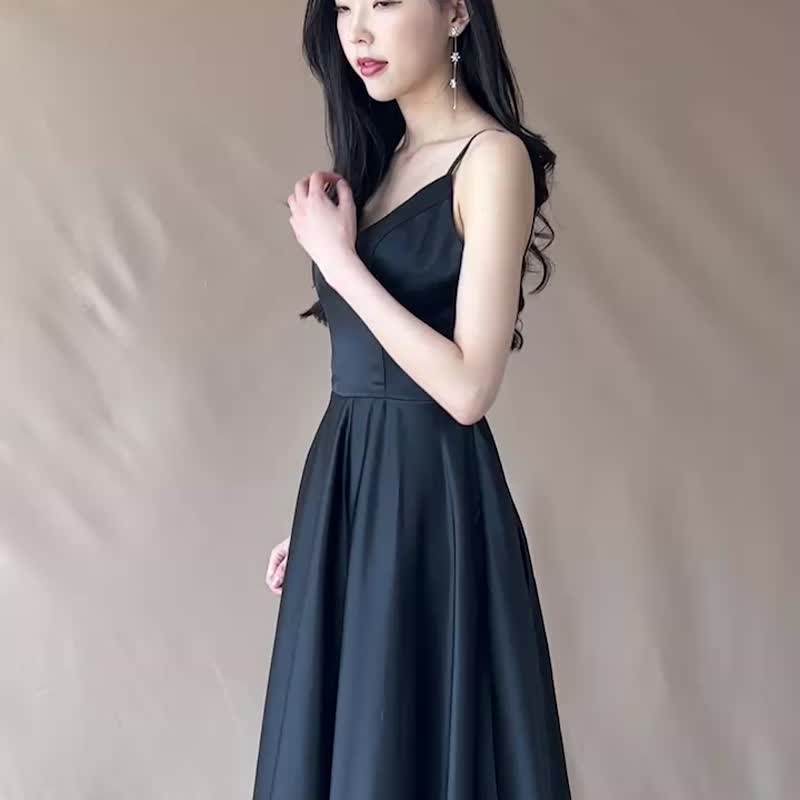 黑色细肩A字伞状礼服 - 晚装/礼服 - 聚酯纤维 黑色