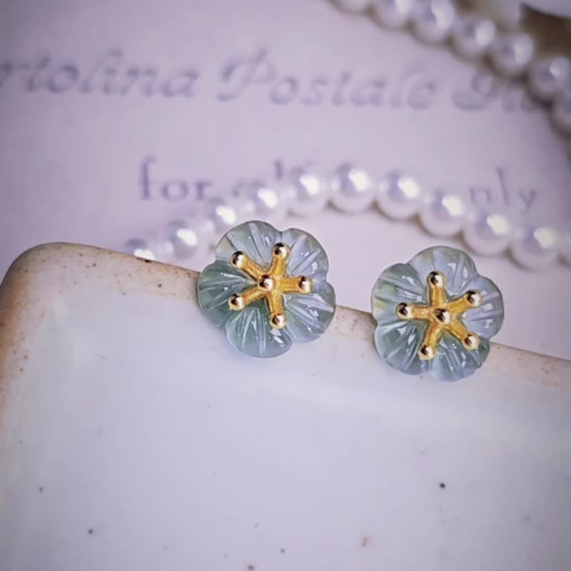 有钱花|梦幻冰胶放光蓝梅花|A货翡翠纯银简约耳环 - 耳环/耳夹 - 玉石 