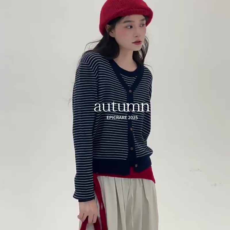 3顔色 文藝風條紋紐扣兩件套 文藝休閒復古針織外套內搭背心 - 女装背心 - 其他人造纤维 灰色
