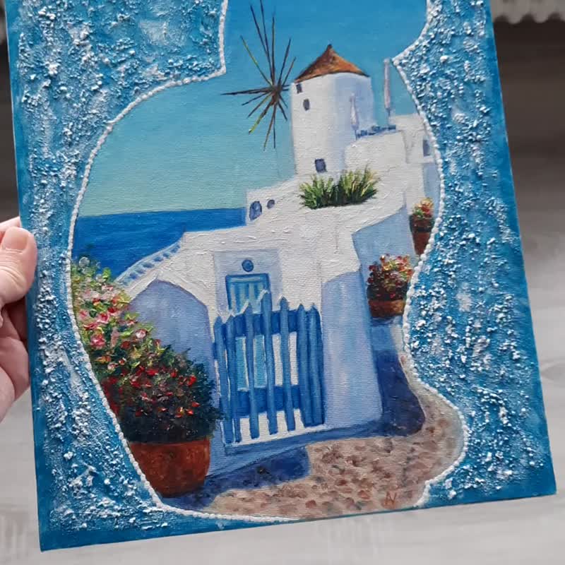 猫剪影混合媒材艺术，圣托里尼原创墙艺术，风车画 - 墙贴/壁贴 - 环保材料 多色