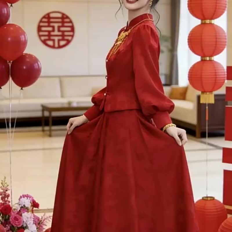 新中式紅色盤扣旗袍套裝 長袖敬酒服 新娘訂婚結婚禮服結婚便裝 - 旗袍 - 其他人造纤维 红色