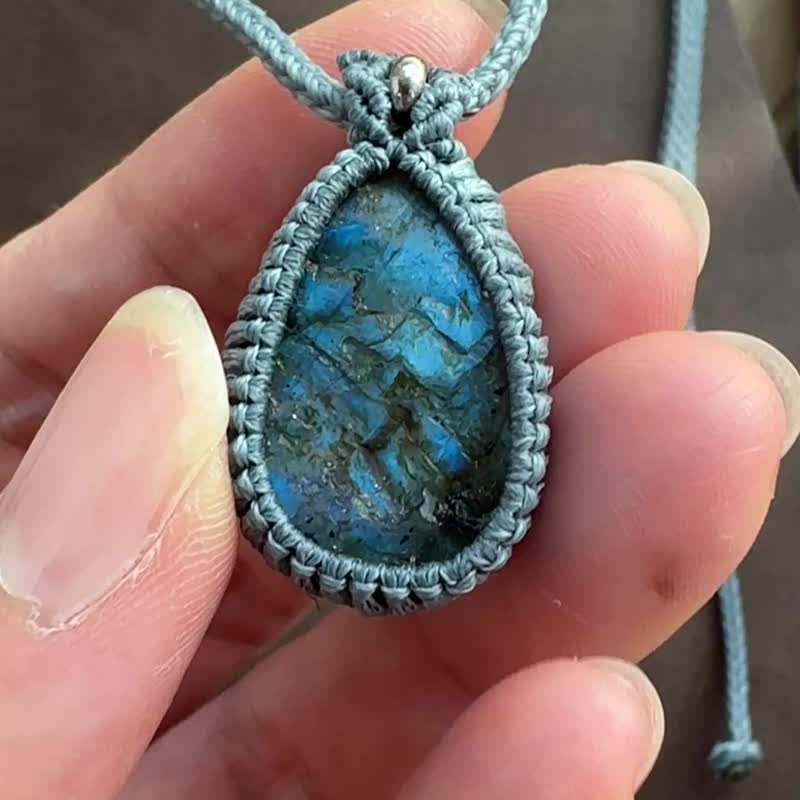 CSP84 民族风 蜡线编织 拉长石原矿 不锈钢珠 颈链 (可调长度) - 项链 - 宝石 灰色