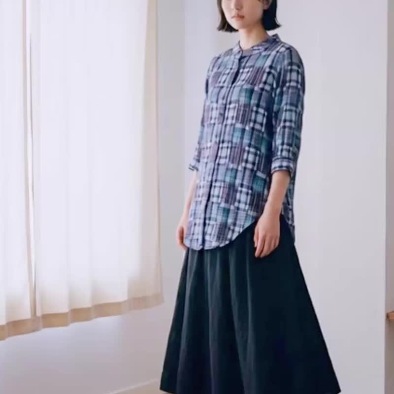 柔软织纹格纹衬衫 - 七分袖 - 女装衬衫 - 棉．麻 蓝色
