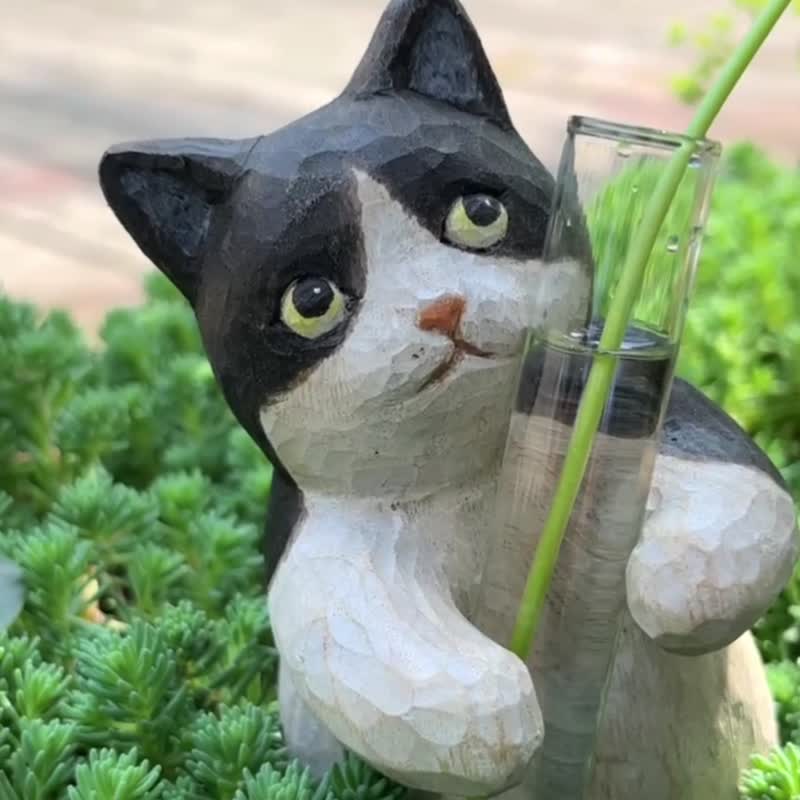 喵有型可爱猫咪小花插瓶装饰摆件客厅桌面创意鲜花仿真花干花有趣 - 摆饰 - 木头 橘色
