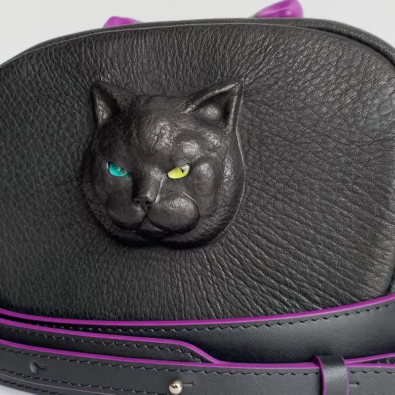 3D猫肩背小包 – 独一无二皮革艺术 - 侧背包/斜挎包 - 真皮 黑色