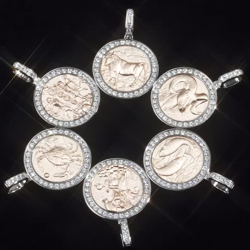 12星座吊坠项链 莫桑钻镶嵌 电镀18K玫瑰真金 星座饰品 纯银颈链 - 项链 - 玫瑰金 银色