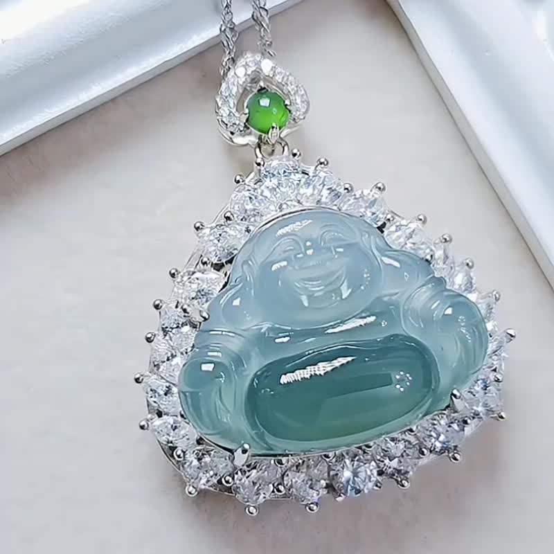 |招财开心佛|A货翡翠冰玻蓝水佛公23mm纯银镀18k开盖吊坠 - 项链 - 玉石 