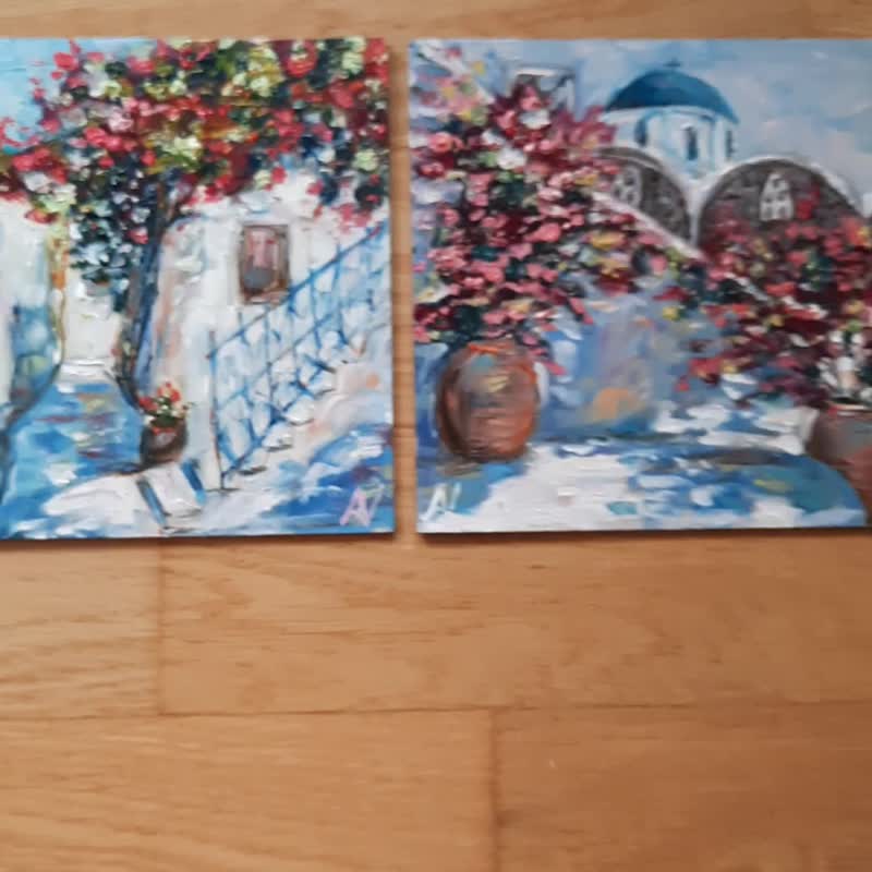 圣托里尼蓝顶教堂 原创油画 希腊岛屿艺术 对联画 - 墙贴/壁贴 - 木头 