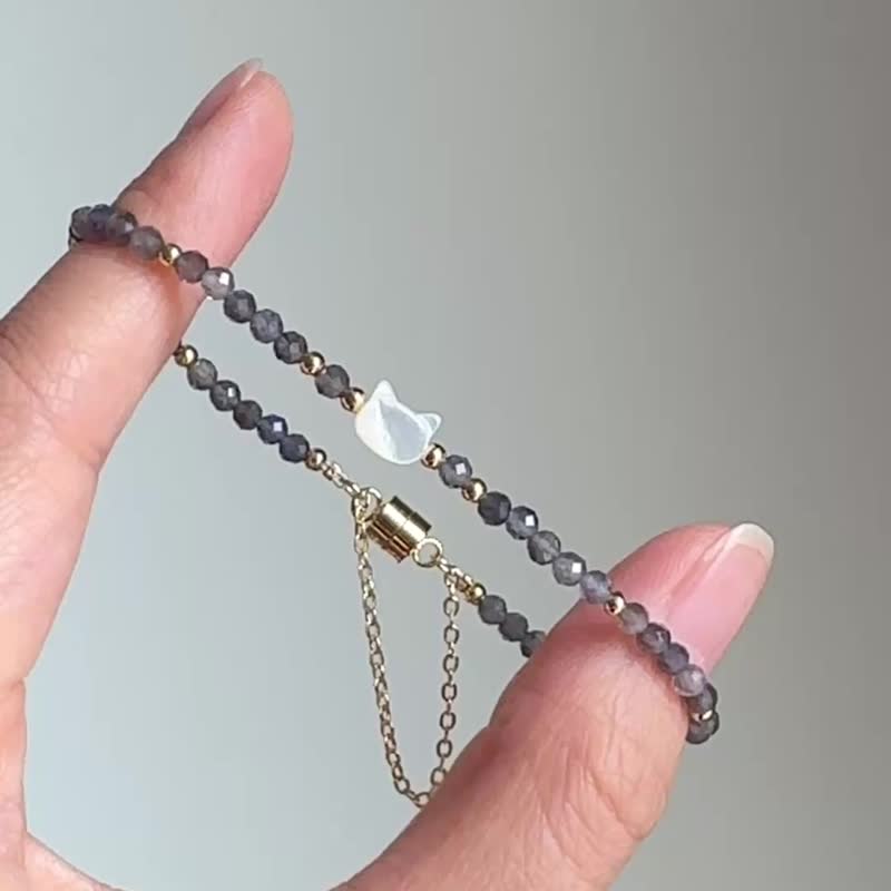 贝壳小猫咪水晶手链 | 堇青石 可爱磁石扣设计 | 疗愈系猫咪饰品 - 手链/手环 - 水晶 蓝色