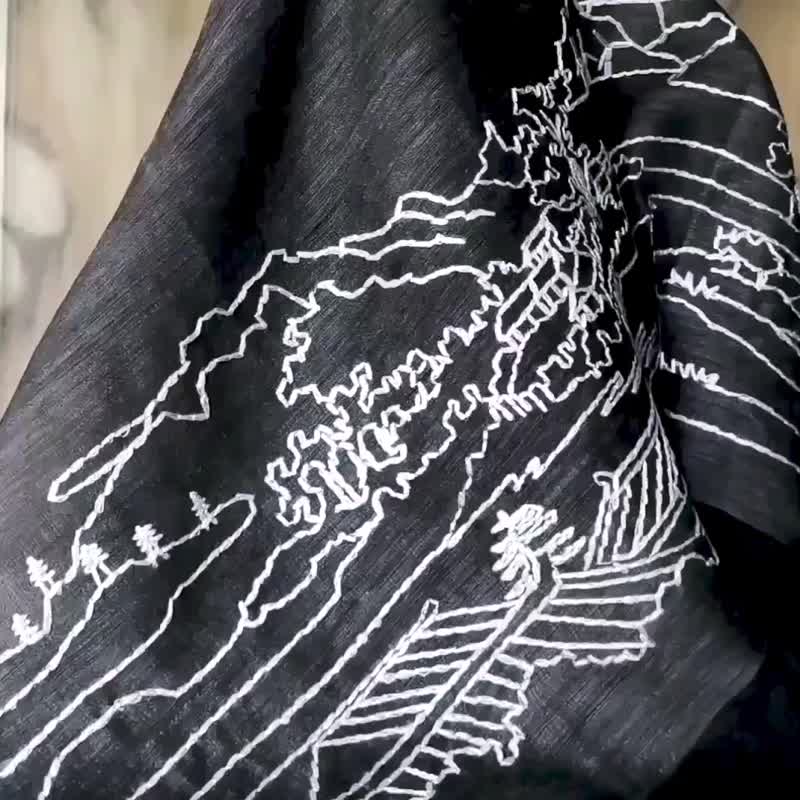 原创新国风刺绣山水线条画 真丝羊毛轻纱围巾 (科技月 - 围巾/披肩 - 羊毛 黑色