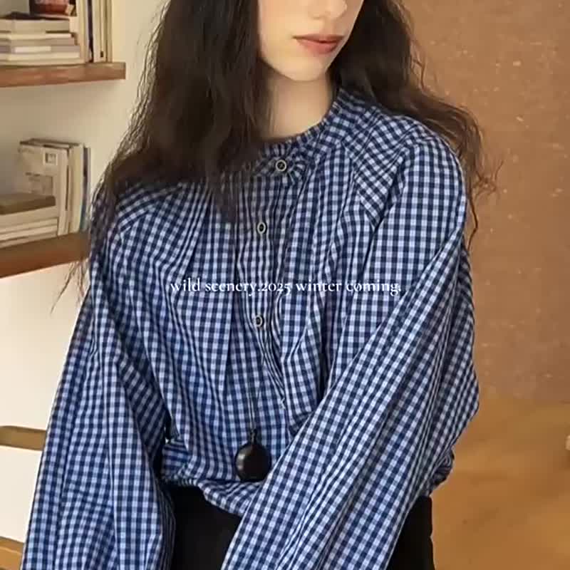 格雷藍 格雷詩箋 法式復古藝術感木耳領襯衫 通勤花邊上衣 - 女装衬衫 - 棉．麻 蓝色