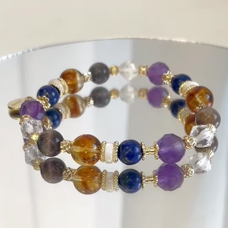 招财 黄水晶 紫水晶 黑金骨干太阳石 白水晶 青金石 天然水晶手链 - 手链/手环 - 水晶 