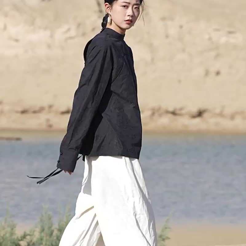黑色 满月 新中式东方丝绒拼接提花两穿盘扣开衫衬衫 - 女装衬衫 - 棉．麻 黑色