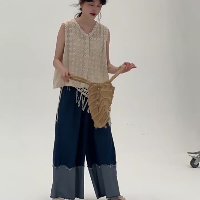 深藍色 拼接毛邊牛仔褲 復古設計感寬松直筒闊腿休閒寬褲 - 女装长裤 - 棉 蓝色