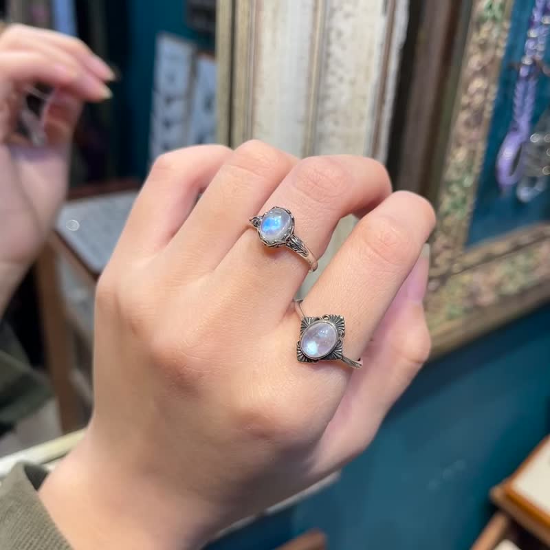 喜迎瑶 925银 月光石 戒指 戒指 活口 可调式 手工银饰 复古 - 戒指 - 水晶 银色