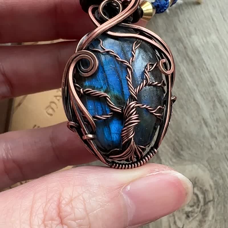 WW262 全手工编织 绕铜线复古做旧 wire wrap 生命之树拉长石吊咀 - 项链 - 铜/黄铜 咖啡色