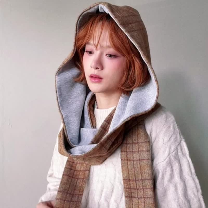 【 圣诞礼物 】AMBER 系列 - 棕韵 * 麦穗色 混织毛料 围巾 连帽 - 围巾/披肩 - 其他人造纤维 卡其色