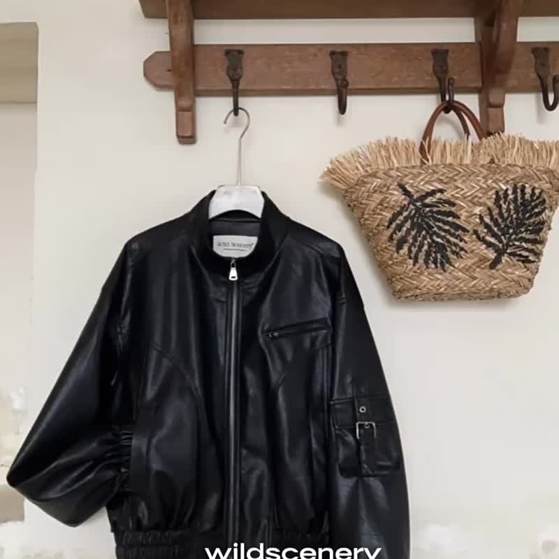黑色 反叛詩意 復古利落立領短款機車皮衣 廓形夾克外套 - 女装休闲/机能外套 - 聚酯纤维 黑色