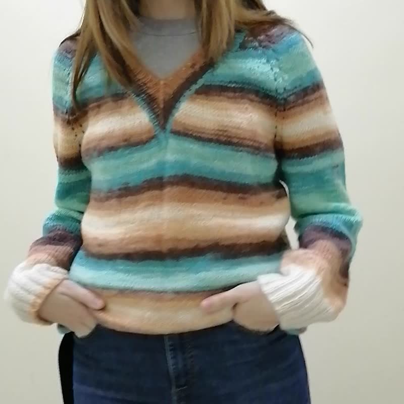 毛衣 套头衫 套头衫 开衫 夹克 绿松石条纹 手工针织安哥拉 - 女装针织衫/毛衣 - 羊毛 多色