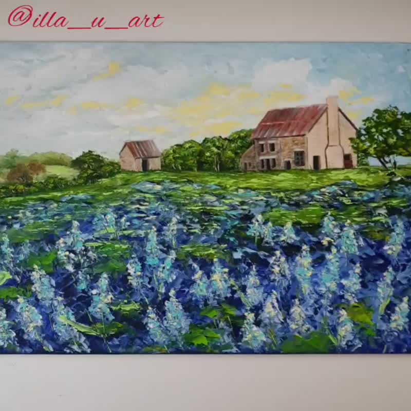 Bluebonnet Painting Farm Original Art Landscape Artwork Impasto Oil Painting - 海报/装饰画/版画 - 其他材质 多色