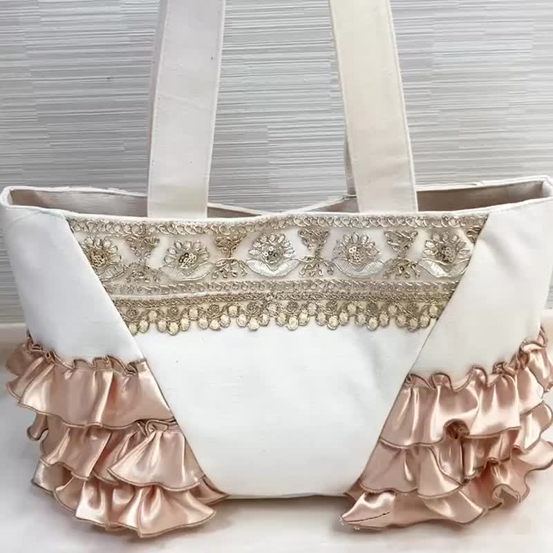 frill tote bag - 手提包/手提袋 - 棉．麻 金色