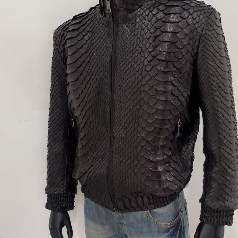 男士黑色国王蟒蛇皮 (King Python) 真皮骑士夹克 - 男装外套 - 真皮 黑色