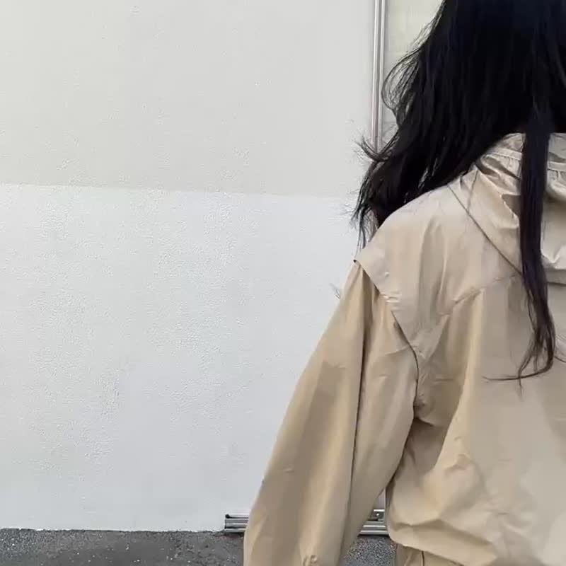 麥芽褐色 輕薄尼龍可拆卸袖子機能外套 廓形寬松連帽風殼馬甲夾克 - 女装休闲/机能外套 - 尼龙 卡其色