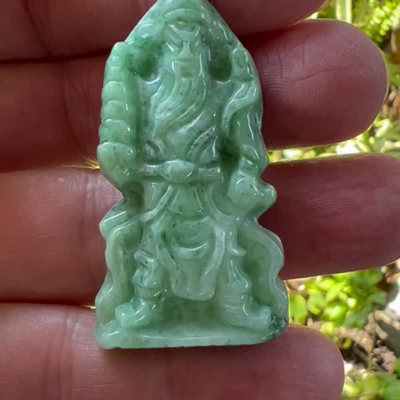 天然A货翡翠 佛像 李靖 托塔天王 玉坠 豆种 缅甸A货翡翠 艺术 - 颈链 - 玉石 绿色