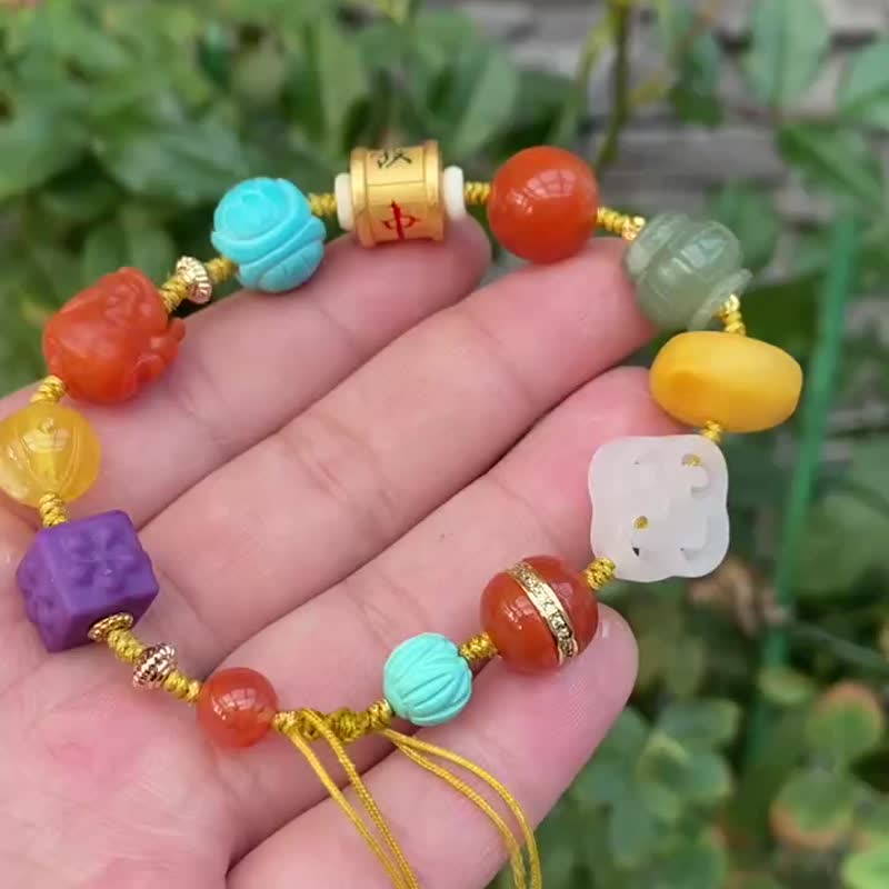 天然多宝手链 颜色艳丽 搭配天然老蜡饼 和田玉配饰 银配饰 - 手链/手环 - 水晶 