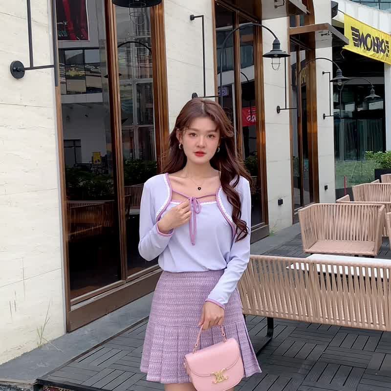 Nega C. 拼色蝴蝶结针织上衣|粉紫色|弹性 - 女装针织衫/毛衣 - 聚酯纤维 紫色