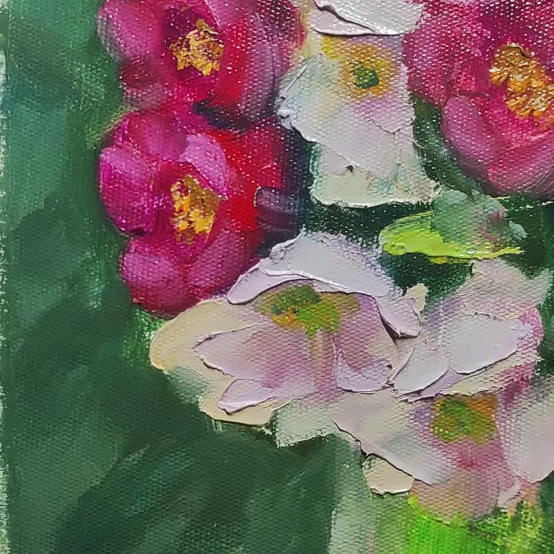 原创油画《平静背景上的厚涂粉红色和红色郁金香》7.9x7.9 - 插画/绘画/写字 - 其他材质 