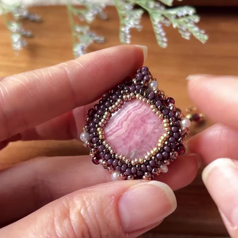 红纹石 玻璃米珠x天然石 复古 串珠吊坠 配宝石链 - 项链 - 水晶 紫色