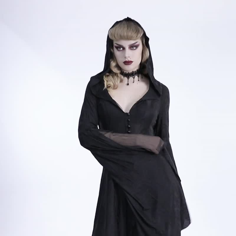 哥德女祭司V领连帽长连身裙 / 外套 / 万圣节经典 - 洋装/连衣裙 - 其他材质 黑色