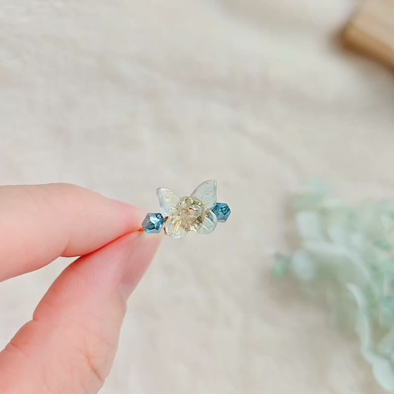 14K包金 戒指 蝴蝶 可调整 开口戒 小巧 礼物 情人节 七夕 蓝绿 - 戒指 - 树脂 绿色