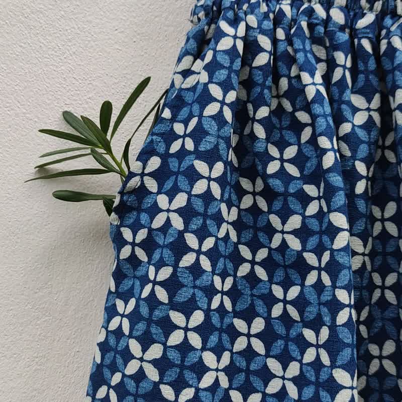 Printed Needle Flower Wide Leg Pants - 男士长裤 - 棉 蓝色