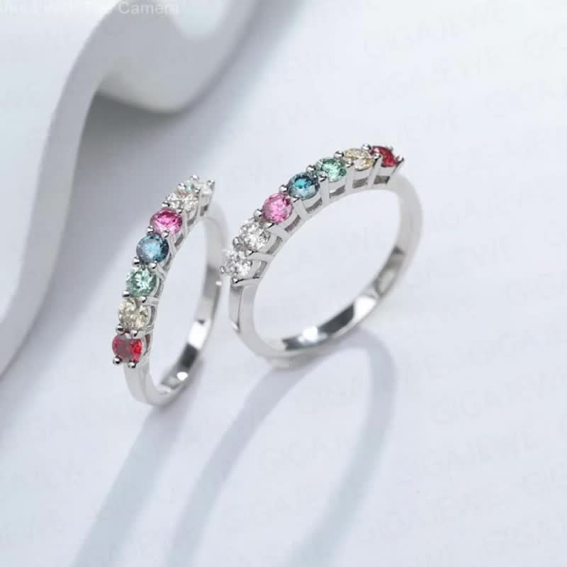 莫桑石7连钻排钻彩钻戒指 莫桑彩钻 结婚钻戒 送给她的礼物 - 戒指 - 钻石 