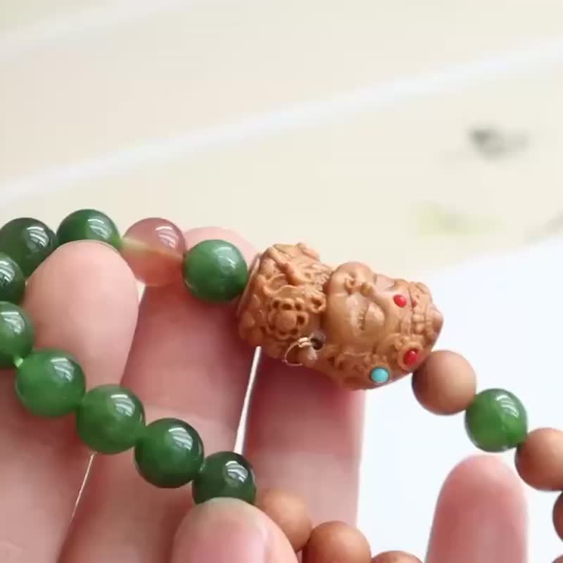 原创手串天然和田玉碧玉手链搭配老山檀渡母 老料菠菜绿 - 手链/手环 - 木头 