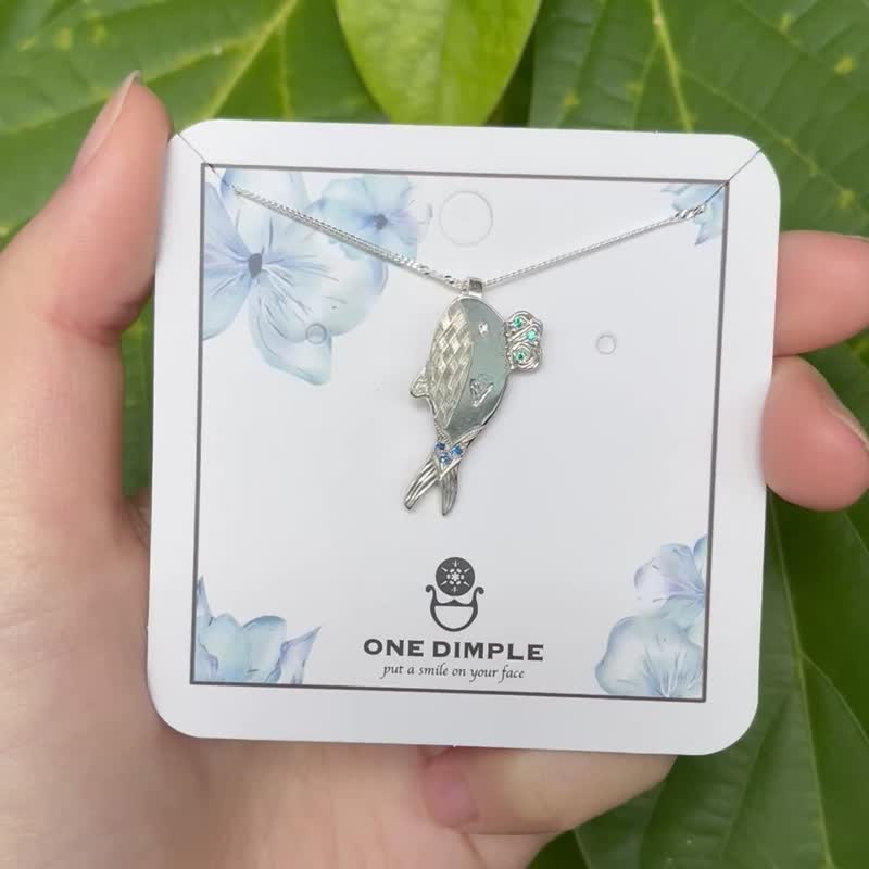鲸鱼 海洋生物 手工雕刻 天然宝石 彩色蓝宝石 925 银 - 项链 - 纯银 银色