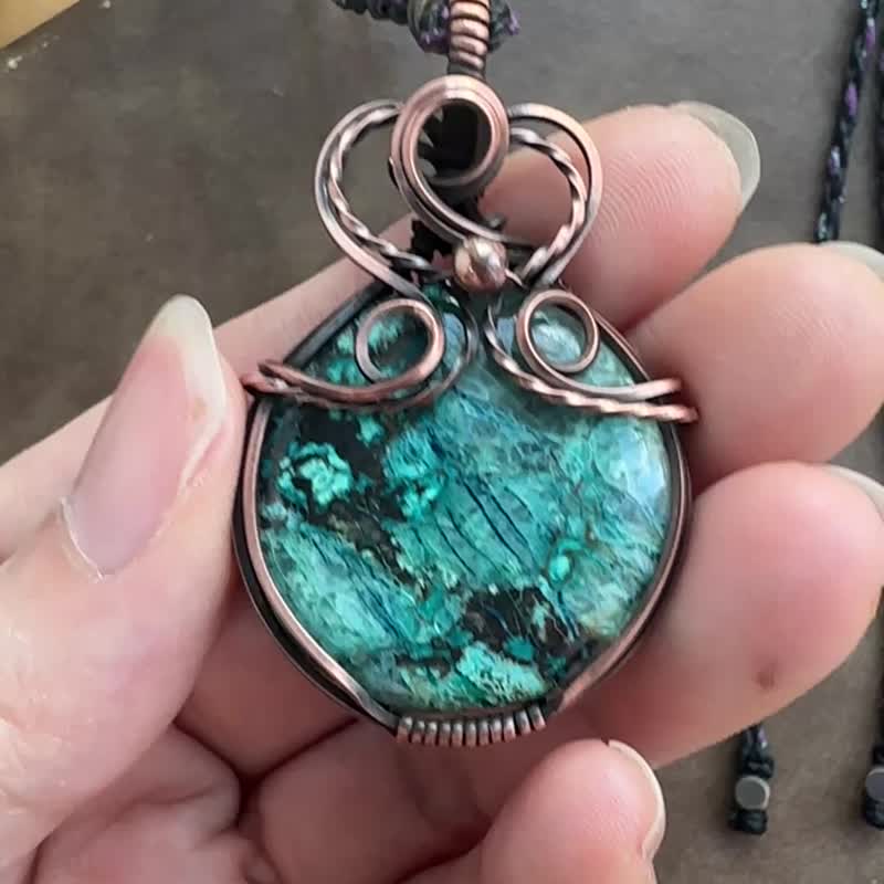 WW411 民族风绕铜线 复古做旧 wire wrap 蓝硅铜矿 颈链 - 项链 - 铜/黄铜 咖啡色