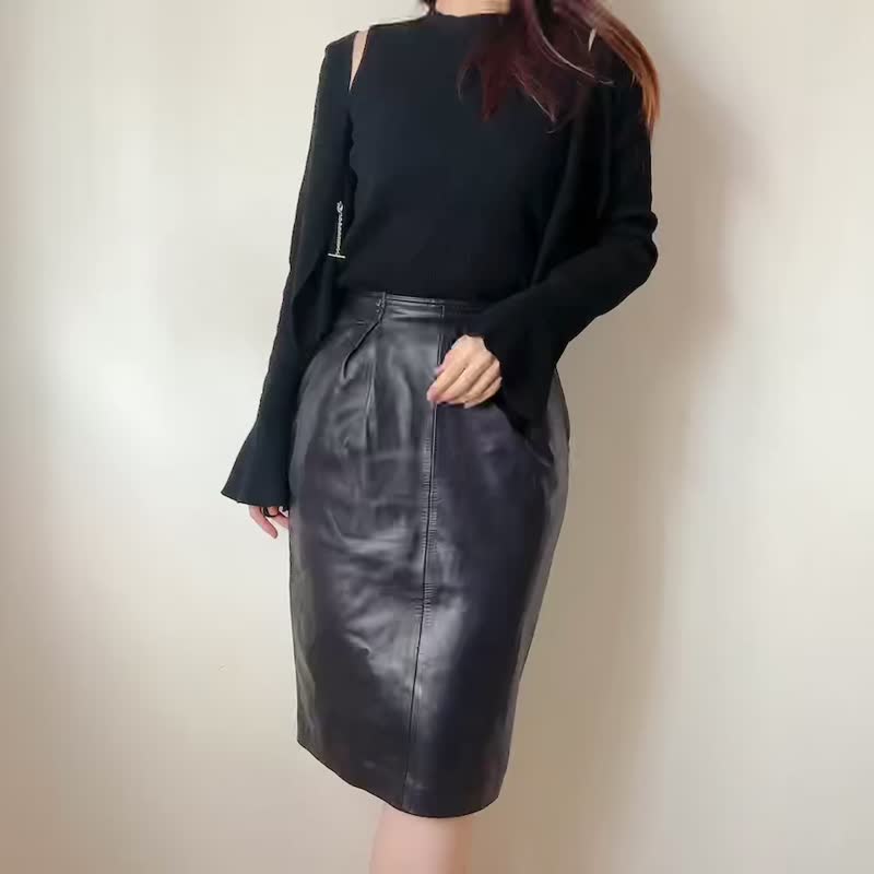 古着名牌 Loewe 罗意威 真皮 皮裙 海军蓝 修身 气质个性 - 裙子 - 真皮 黑色