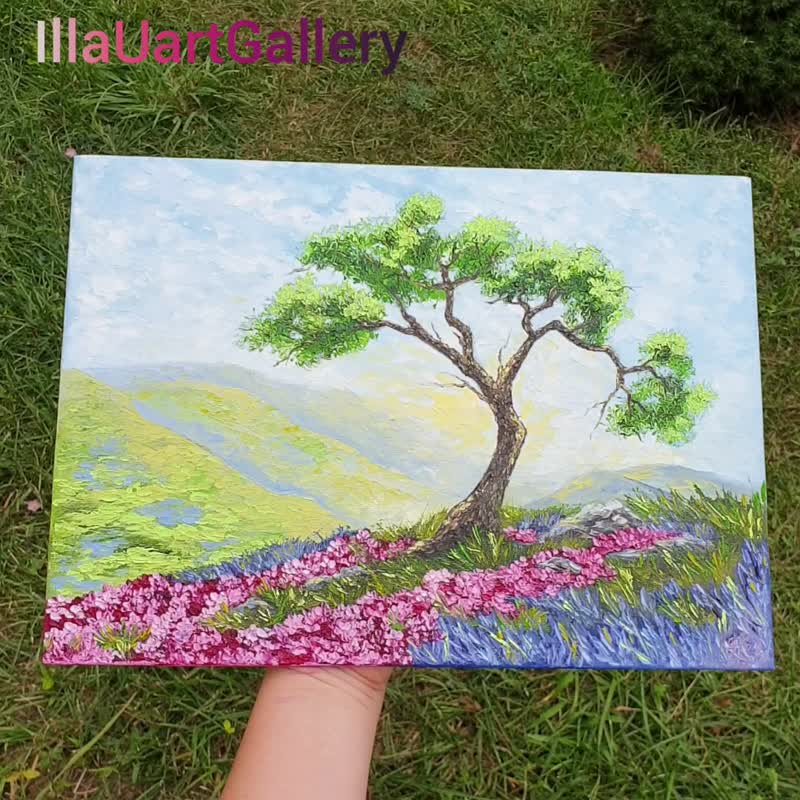 Cypress Tree Painting Lavender Original Art Landscape Artwork Oil Painting - 海报/装饰画/版画 - 其他材质 多色
