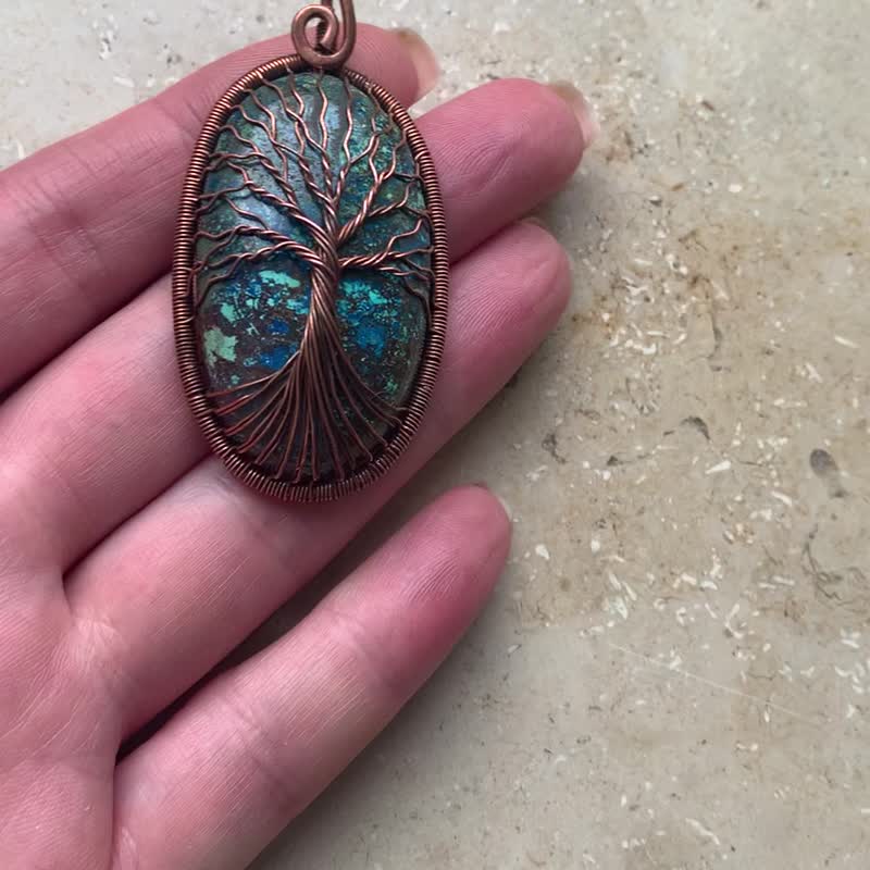 Azurite Pendant Tree Of Life Necklace Handcrafted Semi-precious Stone Jewelry - 项链 - 半宝石 蓝色