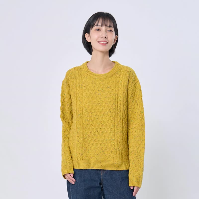 Jane麻花彩點圓領復古針織衫/ 向日葵黃 - 女装针织衫/毛衣 - 棉 黄色