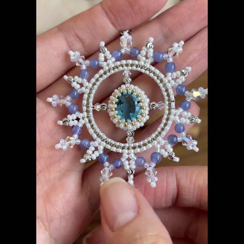 托帕石 雪花 玻璃米珠x天然石 串珠吊坠 配宝石链 - 项链 - 宝石 白色