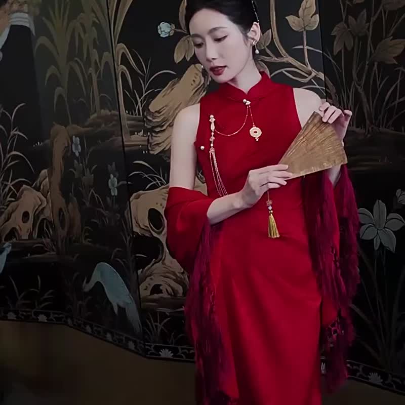 赤嫣 紅色復古無袖新中式提花改良旗袍 復古新娘敬酒服婚禮禮服 - 旗袍 - 聚酯纤维 红色